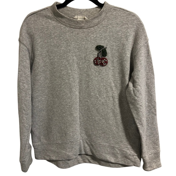 H&M Rhinestone Bead Cherry Appliqué Crew Neck Sweatshirt Lt Gray Melange Sz S - Picture 12 of 15